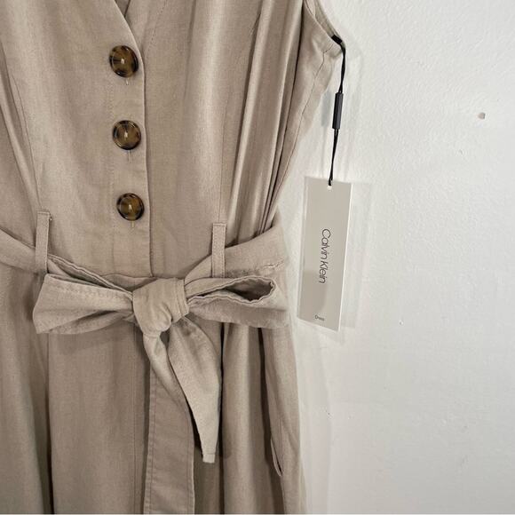 NWT Calvin Klein Khaki Linen Blend Wide Leg Button Front Sleeveless Jumpsuit 2 - Picture 9 of 15